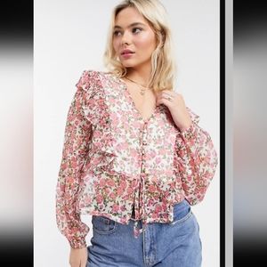 NEON ROSE , FLORAL TOP WITH RUFFLES AND TIES. SIZE SMALL